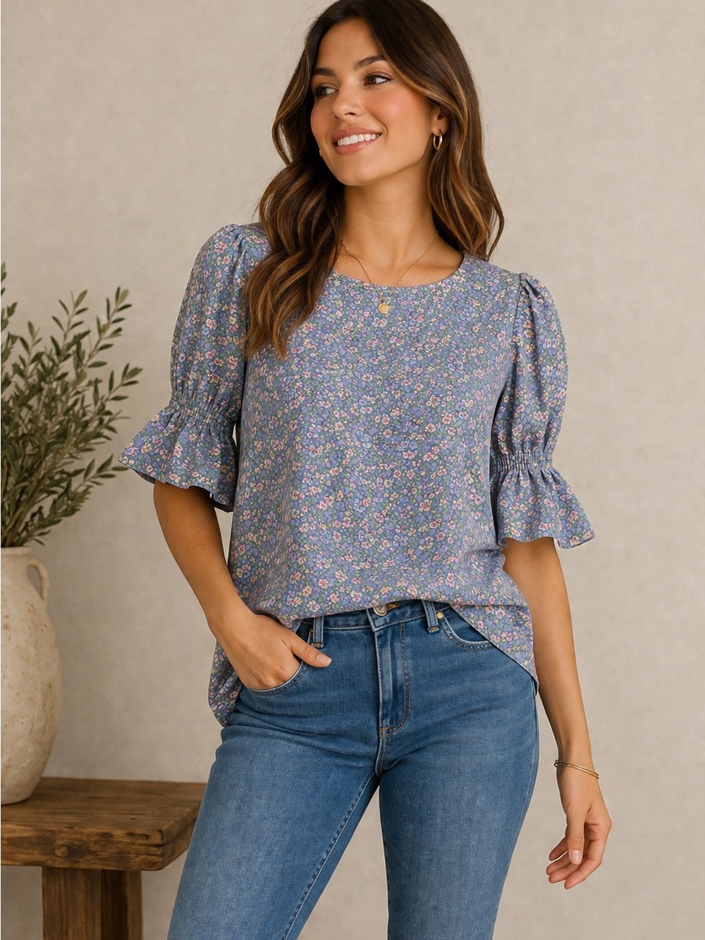 SHEIN Blue Floral Puff Sleeve Blouse